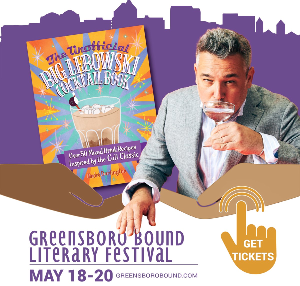 Greensboro Bound's Literary Festival kicks off 5/18 with @andredarlington 's The Unofficial Big Lebowski Cocktail Book, drinks, trivia, raffle & costumes! This fundraiser is ticketed: bit.ly/3UhdtnU #GB2023 #thebiglebowski @ScupBooks @GreenhillNC @NCArtsCouncil @NEAarts