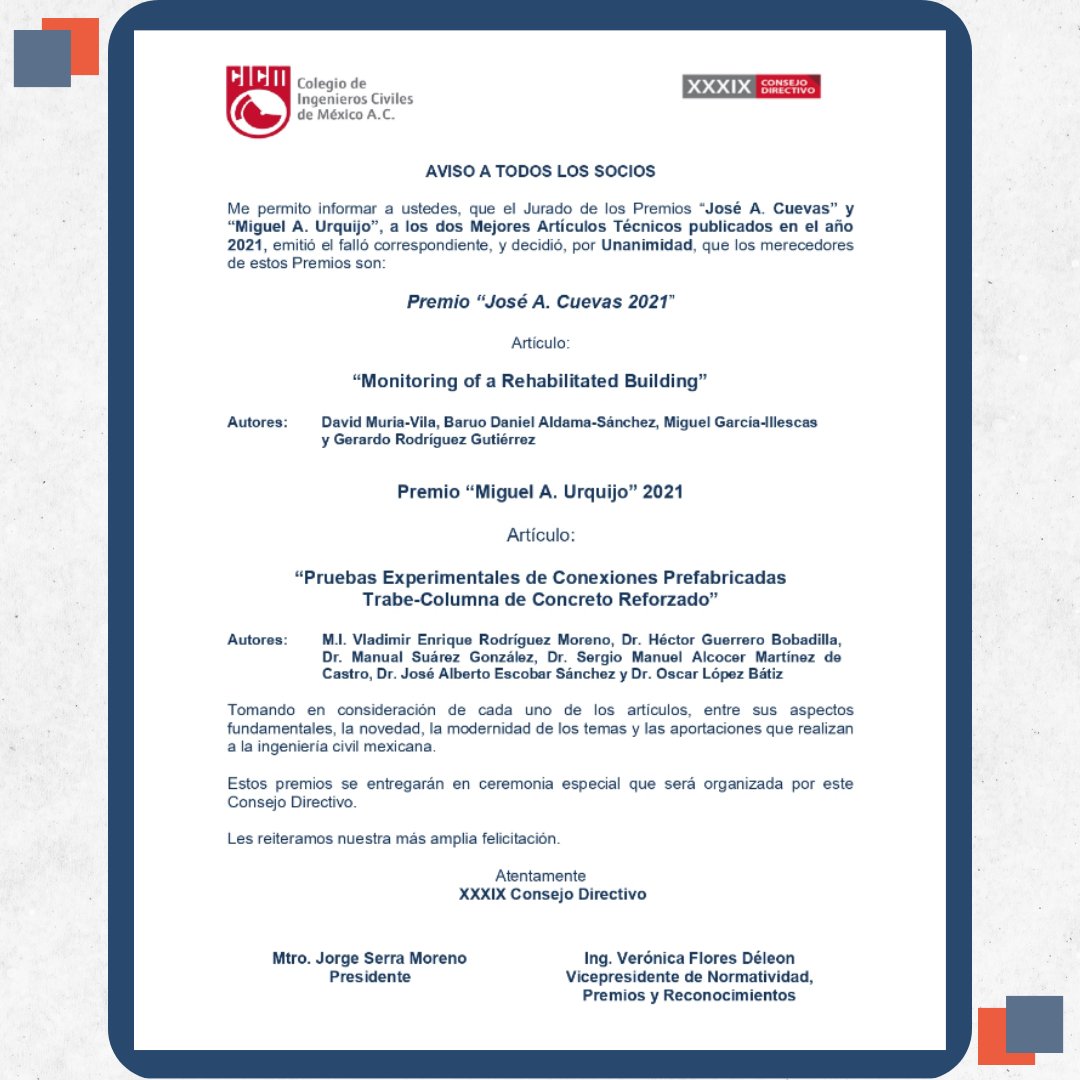 DampoSystems's tweet photo. Dampo Systems quiere felicitar al Dr. Héctor Guerrero Bobadilla así como al resto de autores por el artículo  “Pruebas Experimentales de Conexiones Prefabricadas Trabe-Columna de Concreto Reforzado” el cual recientemente ganó el premio “Miguel A. Urquijo” 2021. https://t.co/k6PHYj8QDL