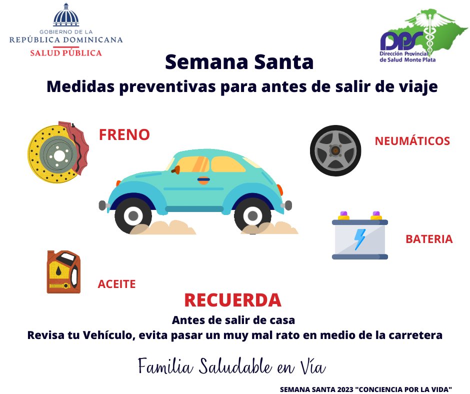 dpsmonteplata's tweet photo. Te compartimos algunas recomendaciones si vas a salir de tu casa en esta Semana Santa. 

Recuerda llegar seguro a tu destino usando el cinturón de seguridad y respetando las señales de tránsito . 

#Concienciaporlavida. https://t.co/Go3Oq9bloy