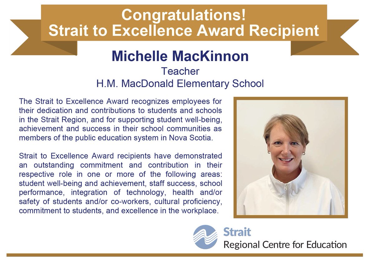 SRCE_NS's tweet photo. Congratulations to #SRCEStraitToExcellenceAwards recipient Michelle MacKinnon.
Thank you for your leadership and dedication to student well-being, achievement and success @HMMSchool, and for sharing your expertise with staff to support the development of students’ literacy skills https://t.co/9hEOPoDYPz