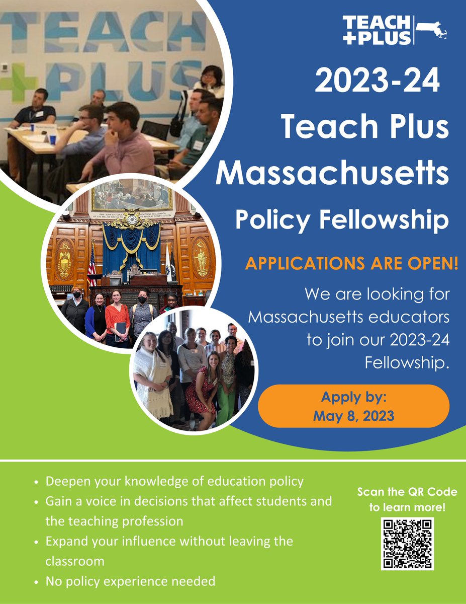 MA Educators! The application link is live to apply for the 2023-2024 Teach Plus Massachusetts Policy Fellowship. Use the QR Code below to learn more and apply! #teachers #Massachusetts #teacherleadership #educationpolicy