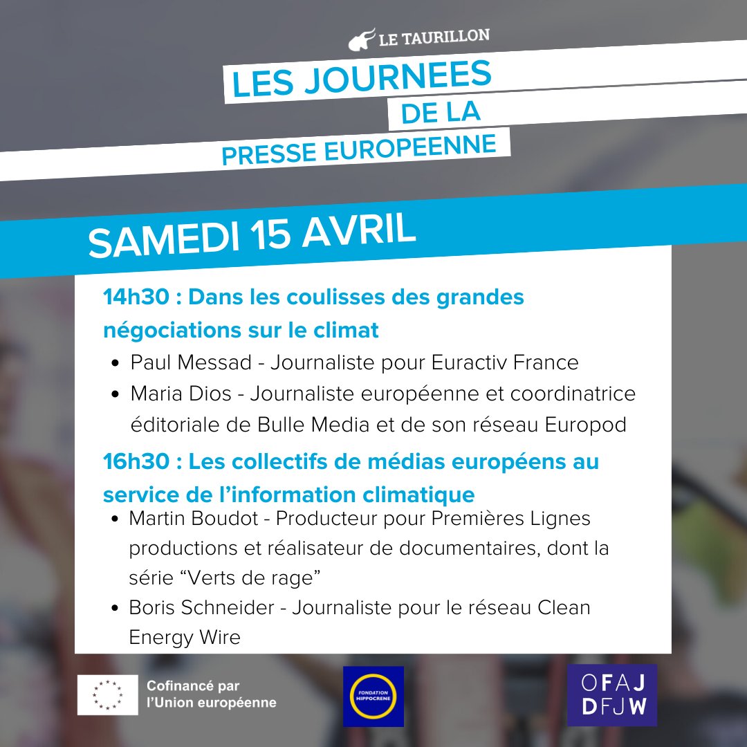 Taurillon's tweet photo. 🇪🇺🐻‍❄️Le programme des Journées de la Presse européenne sur les questions climatiques est enfin là !

📆 14-15-16 avril 2023.

📍 A la Maison de l'Europe et à l'Académie du Climat (Paris).

📝Il est encore temps de vous inscrire gratuitement ici 👇
https://t.co/gIDwEY4pcG https://t.co/hZCxfh8iLO