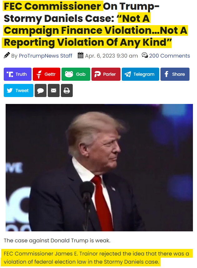 Now the Federal Election Commission (FEC) COMMISSIONER has concluded what the #DOJ did previously is making clear there were no campaign violations involved.

But #AlvinBragg and the other Democrat jackwagons have decided to bring completely unprecedented charges against a #POTUS