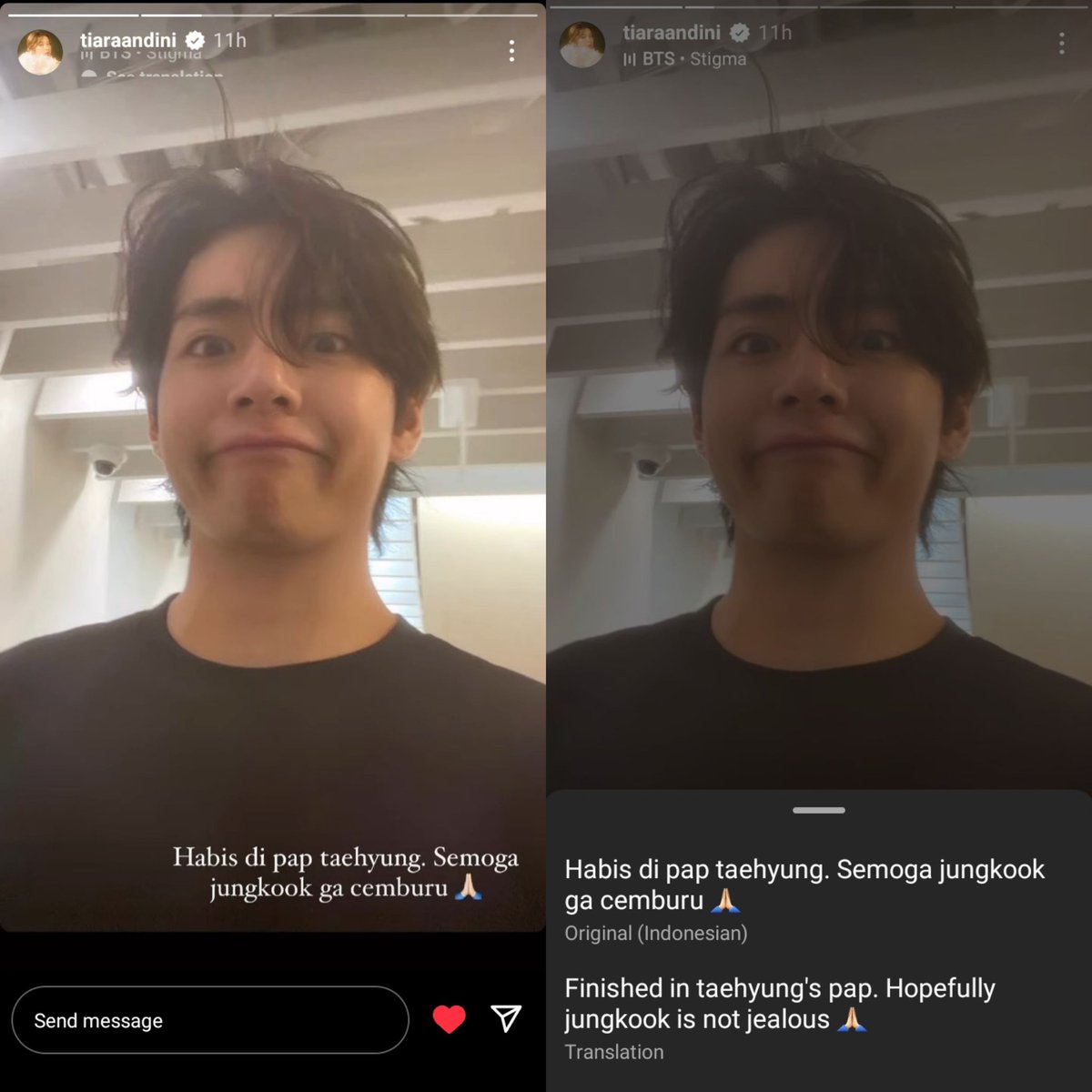 TkTz97's tweet photo. Tiara Andini is an indonesian singer and actress shared a picture of Taehyung on her story and captioned it "Finished in Taehyung’s pap. hopefully jungkook is not jealous" https://t.co/AoXp90PDp6