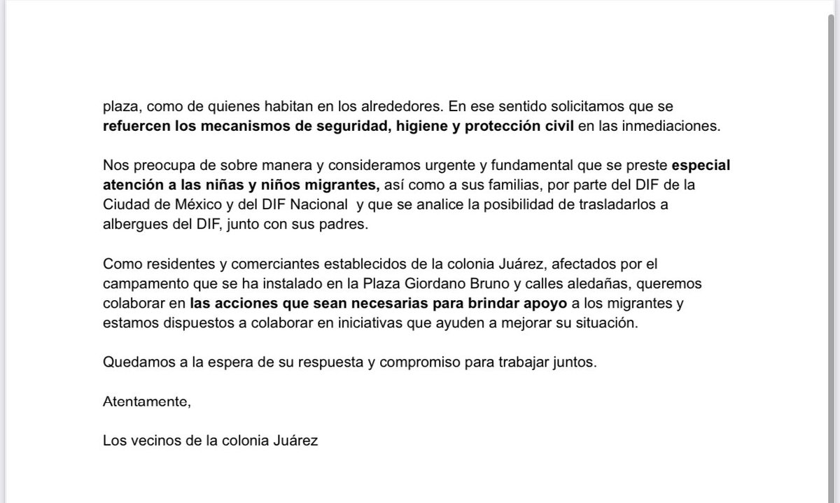 Los vecinos de la colonia Juárez afectados por el numeroso campamento de migrantes que se ha instalado en la Plaza Giordano Bruno hace un mes, le hacen llegar esta solicitud al secretario de gobernación, <a href="/adan_augusto/">Adán Augusto López H</a> titulares del <a href="/INAMI_mx/">INM</a> y la <a href="/comar_sg/">Comisión Mexicana de Ayuda a Refugiados</a> y <a href="/Claudiashein/">Claudia Sheinbaum Pardo</a>