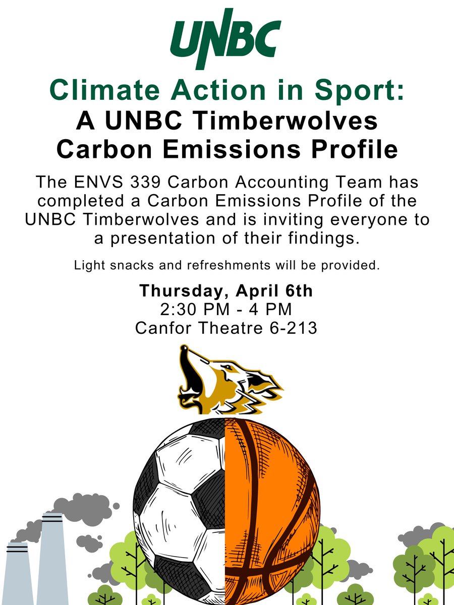 Environmental & Sustainability Studies @ UNBC (@essunbc) on Twitter photo TODAY! #ClimateAction in Sport! #ENVS339 students are presenting their GHG emissions inventory for <a href="/UNBCATHLETICS/">UNBC Timberwolves</a> & recommendations for reductions. 2:30pm in the Canfor Theatre.
Coffee, tea, and snacks!
<a href="/unbcfe/">UNBC Faculty of Environment</a>
<a href="/SportsEcology/">SportsEcology.org</a> TODAY! #ClimateAction in Sport! #ENVS339 students are presenting their GHG emissions inventory for <a href="/UNBCATHLETICS/">UNBC Timberwolves</a> & recommendations for reductions. 2:30pm in the Canfor Theatre.
Coffee, tea, and snacks!
<a href="/unbcfe/">UNBC Faculty of Environment</a>
<a href="/SportsEcology/">SportsEcology.org</a>