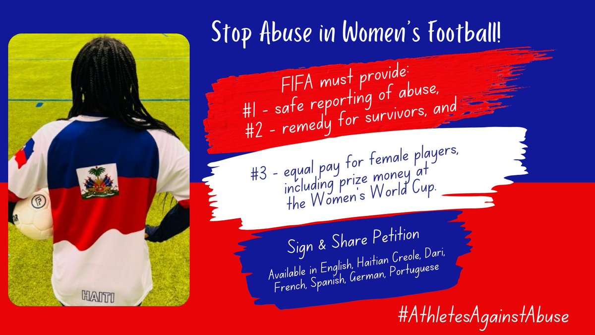 Sign &amp; share this #AthletesAgainstAbuse petition to demand FIFA live up to its own rules &amp; provide:

⚽️ Safe reporting of abuse
⚽️ Remedy for survivors
⚽️ Equal pay for female players

👉 chng.it/kgrYj4vbrX

#IDSDP #SportsDay #FIFA23 @EqualityLeagues