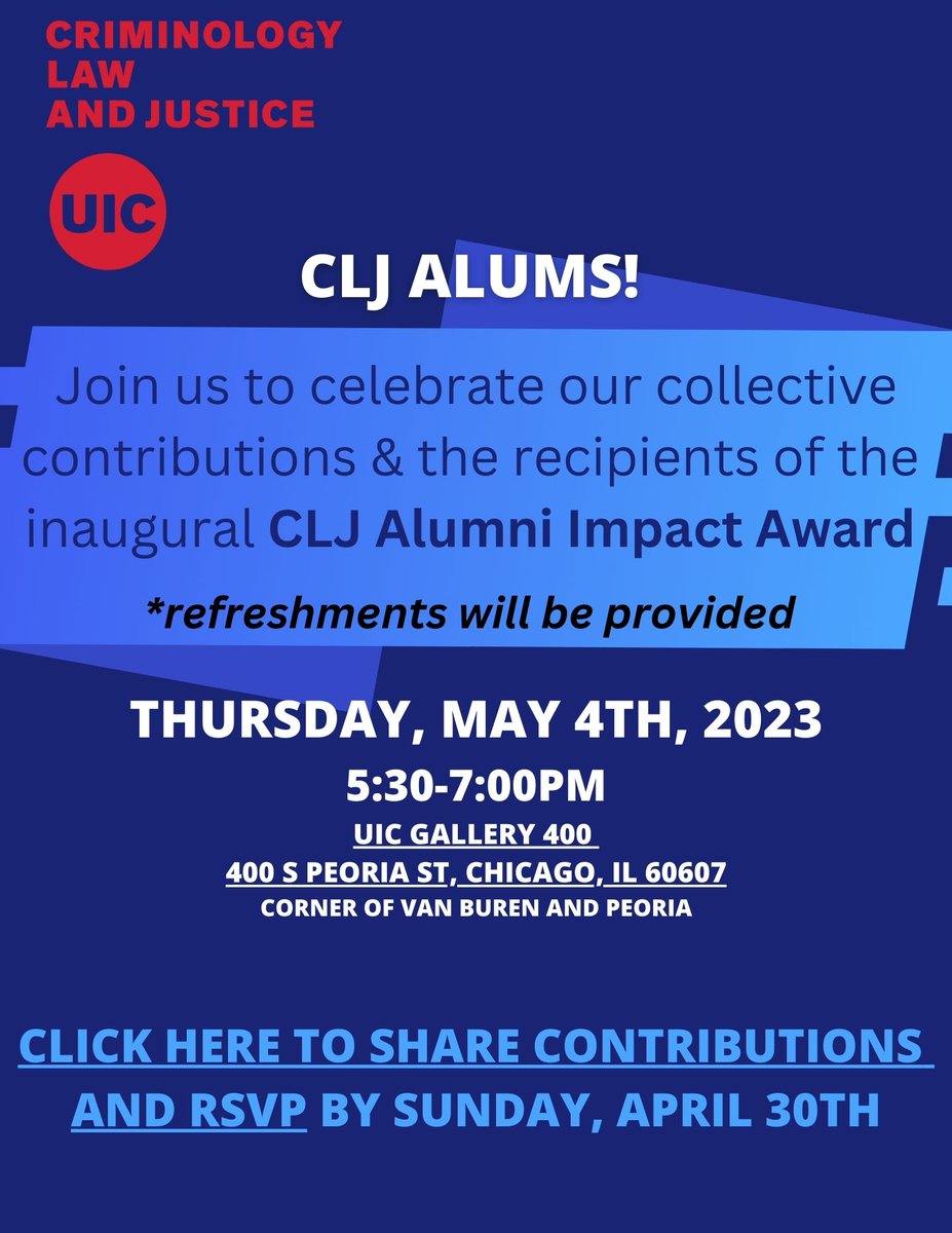 The CLJ Department is hosting an event for CLJ Alumni and graduating seniors! Join us to celebrate the inaugural CLJ Alumni Impact Award recipients and our collective contributions. Refreshments will be provided. To RSVP,  click the link below!

 RSVP: forms.gle/cJckBqAto5EDkn…