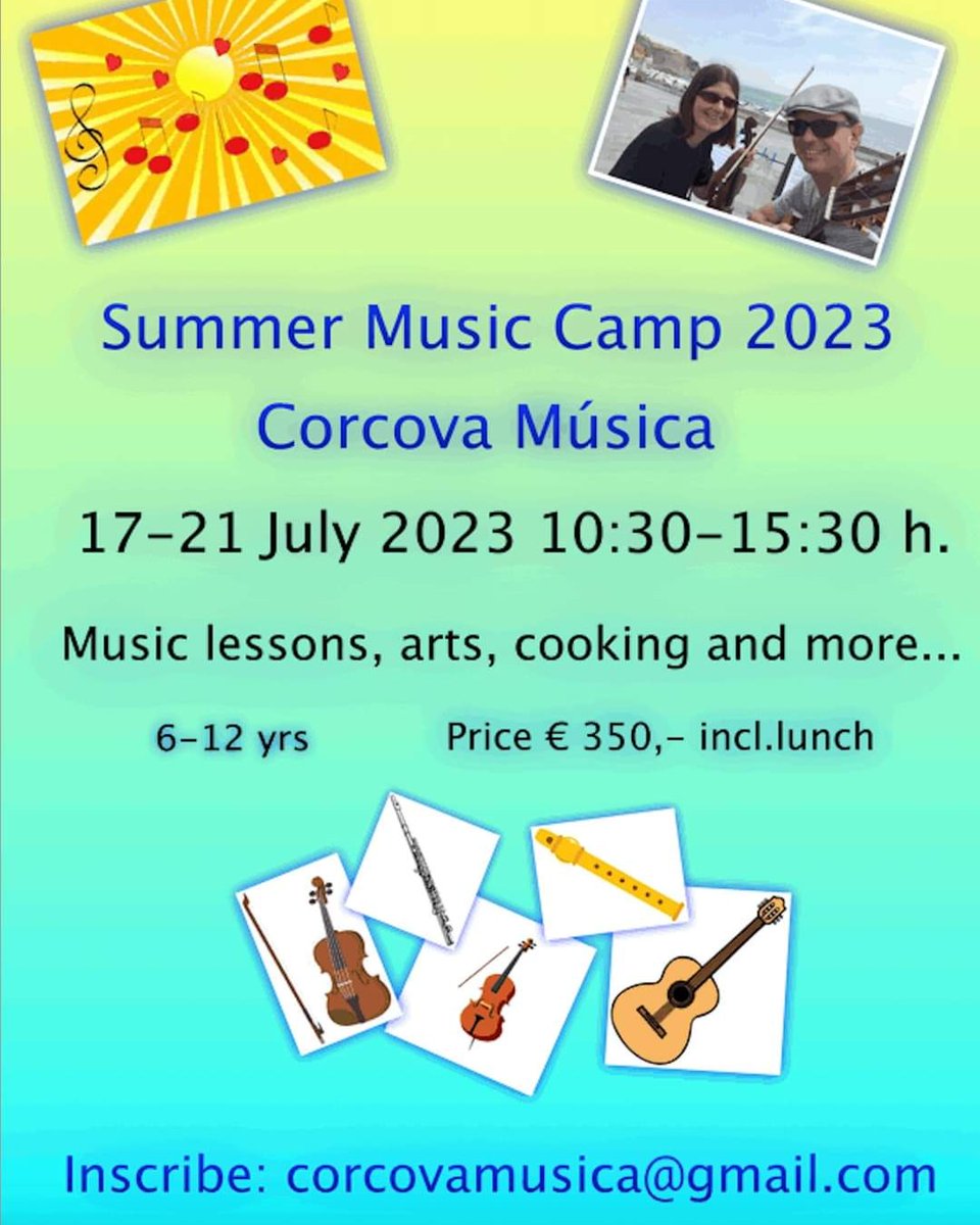 NEW!!!!!!!!!!!! In addition to the regular summer courses, Corcova Música now also has a summer camp!!! Inscribe now: corcovamusica@gmail.com For more information: TM 968 644 890 #summercamp2023 #summer #summercamp #music #arts #cooking #fun #musicinstrument #violin #guitar