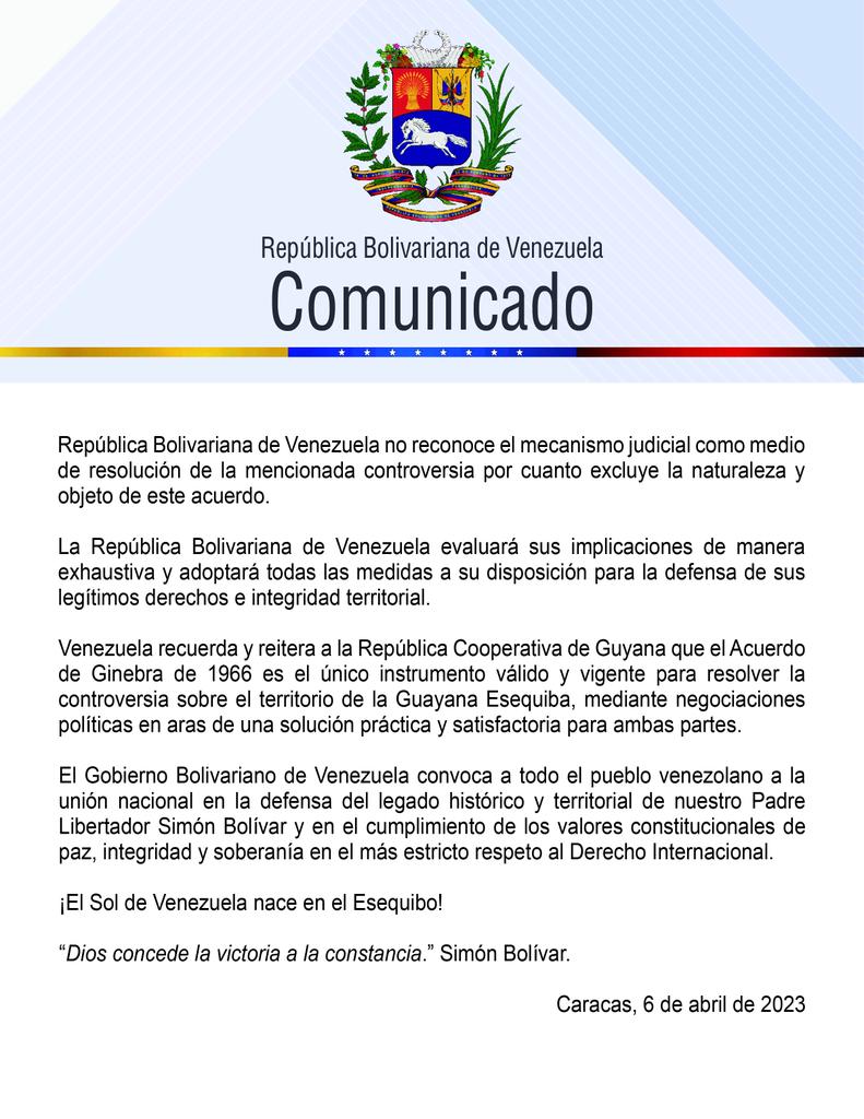 Cancilleria_ve's tweet photo. #Comunicado | Venezuela reitera que adoptará todas las medidas a su disposición para la defensa de sus legítimos derechos sobre la Guayana Esequiba (+Detalles) 👇

https://t.co/A297XiCsKW
#ElEsequiboEsVenezuela https://t.co/H6dzmQDums