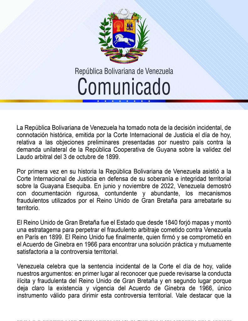 Cancilleria_ve's tweet photo. #Comunicado | Venezuela reitera que adoptará todas las medidas a su disposición para la defensa de sus legítimos derechos sobre la Guayana Esequiba (+Detalles) 👇

https://t.co/A297XiCsKW
#ElEsequiboEsVenezuela https://t.co/H6dzmQDums