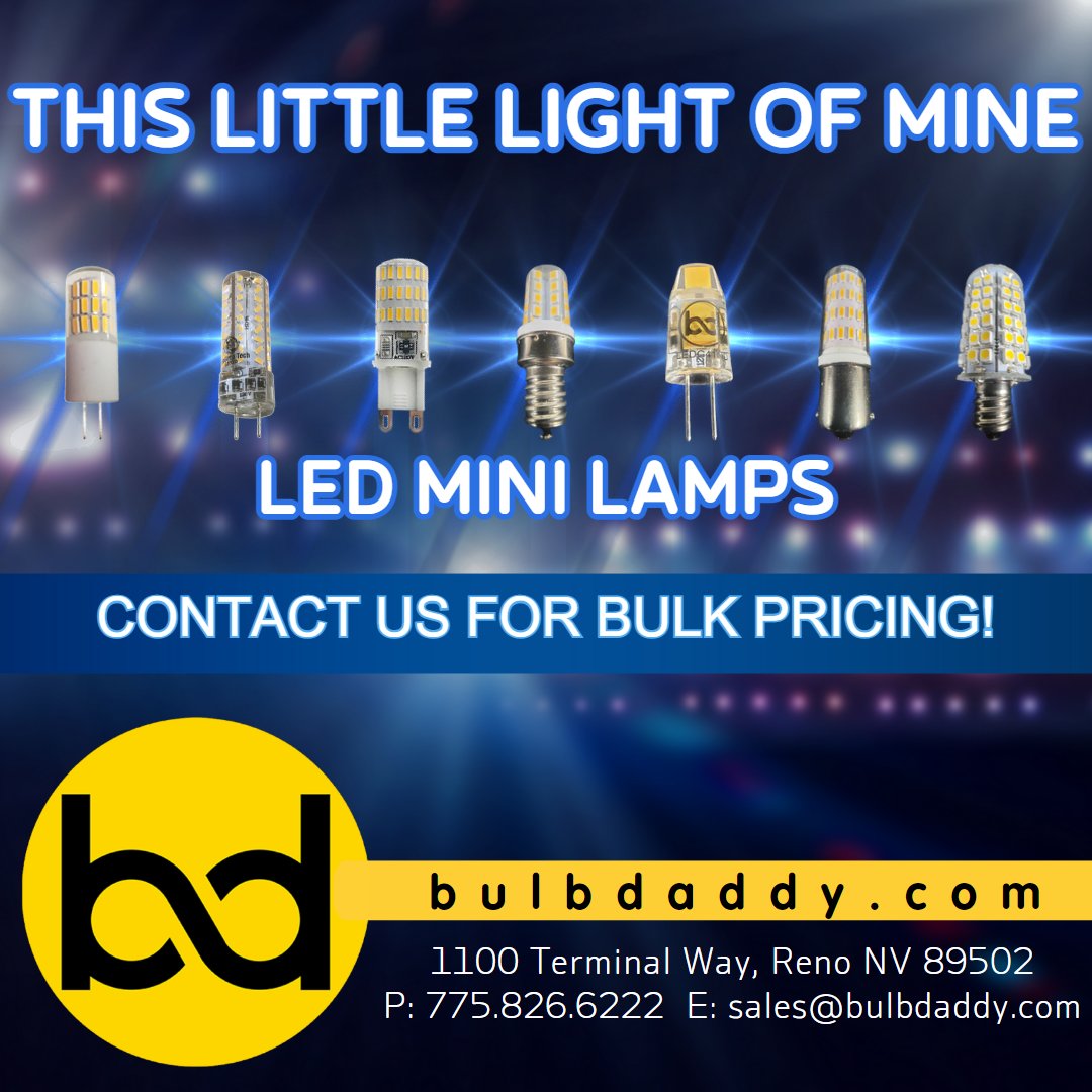 bulbdaddy's tweet image. When it comes to LED mini-lamps, we&apos;ve got your covered! Stop looking for those hard-to-find bulbs and just give us a call! Be sure to ask about bulk pricing discounts! Call 775.826.6222 today!
#LED #led #ledart #ledbulbs #LEDLights #ledlights #lighting #lightingdesign #lighting