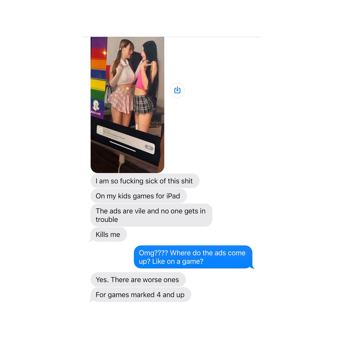 Wow…any other parents see this on their kids games? 

This is a text from a friend. 

Please let me know….