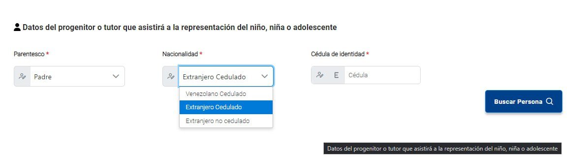 Estimados ClipUsuarios. Dentro del formulario de Responsabilidad Legal ubicará la opción para registrar a un progenitor Venezolano Cedulado, Extranjero Cedulado o No Cedulado asociado a un NNA Cedulado o no Cedulado
