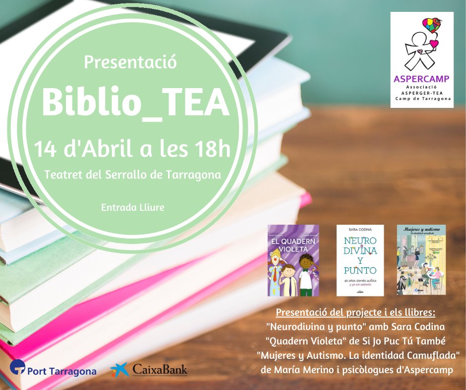 aspercamp's tweet photo. Us convidem a la presentació de Biblio_TEA que disposa de llibres i arts. TEA. Ens acompanyaran @mujeryautista amb "Neurodivina y punto",  "Quadern Violeta" #epilep i "Mujeres y Autismo. La identidad camuflada" de M.Merino i equip d'Aspercamp que ens presentarà Cristina Collado. https://t.co/VdNtcXgVdP