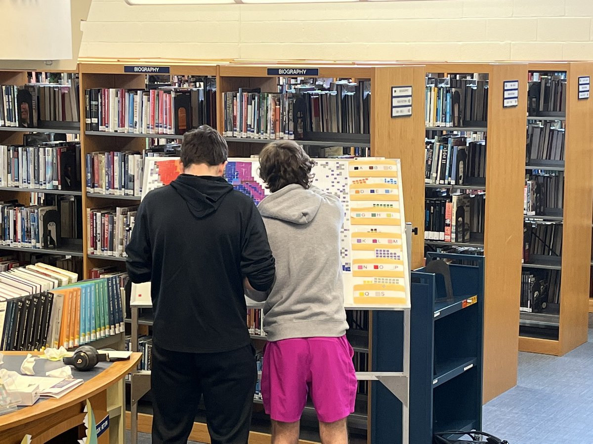 IHHSLibrary's tweet image. A colored egg hunt &amp;amp; mosaic project students find ways to relax between quarterlies. #FunInTheLibrary #Wellness Enjoy your break!
