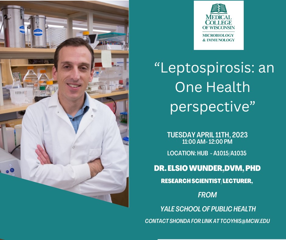 Join us for the M&amp;I seminar series today at 11, featuring Dr. Elsio Wunder of @yalemed presenting “Leptospirosis: an One Health perspective” in the HUB-A1015.