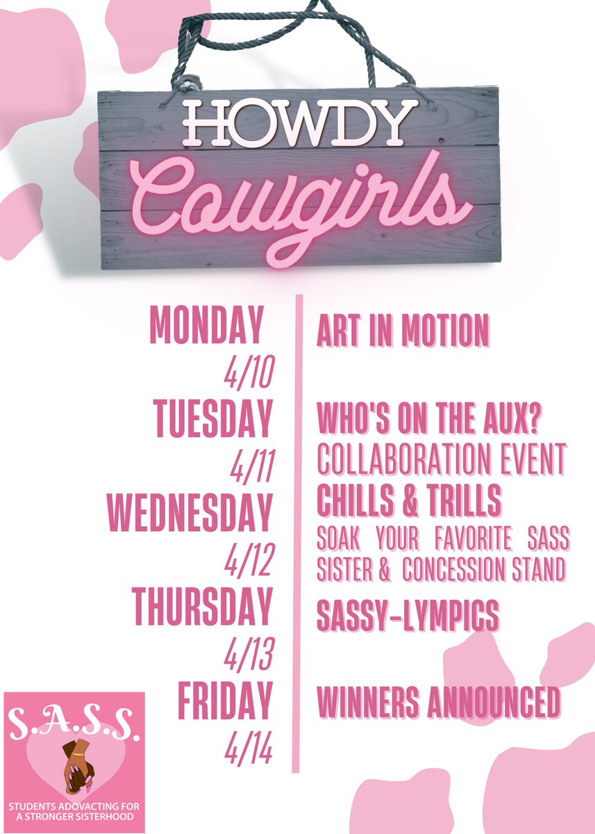 GRAB YA BOOTS, SADDLE UP, AND PREPARE FOR THE RODEO! Join the SASSIEST girls on campus as we bring a week of events for you to be wild and free! 🤠💗 #ASUTwitter