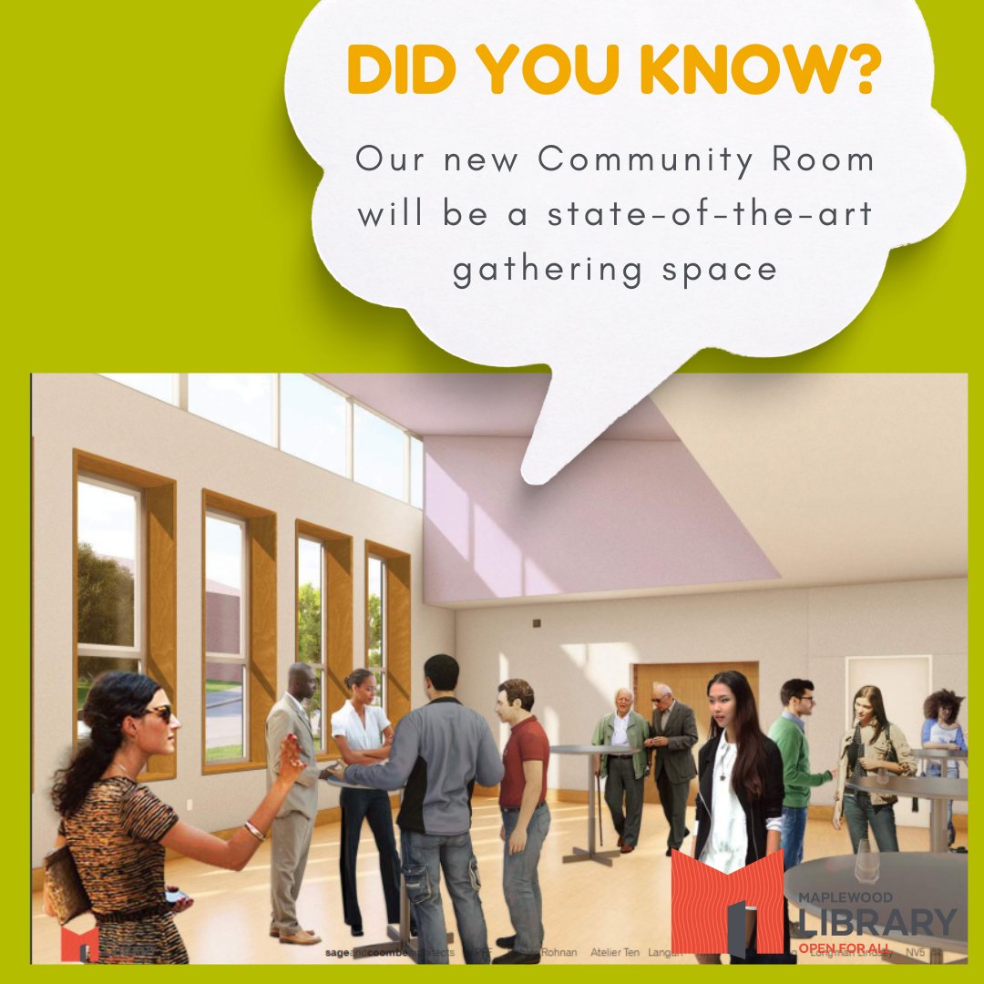 maplwdlibrary's tweet photo. DID YOU KNOW? Our new Community Room will be a state-of-the-art gathering space! Learn more about its features here: https://t.co/NfzqZvZ0sh #Maplewood #MaplewoodLibrary #librarydesign #communityspace https://t.co/LoDRTGOtMA
