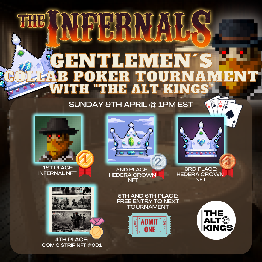 InfernalPoker's tweet photo. 📢Infernal Poker Collab Tournament at the Saloon with the @TheAltKingscommunity from @hedera 👑

Sunday 9th April @ 1pm EST
Everyone is Welcome 🤝

Registration is NOW OPEN 🗒️
More details below.
#HederaNFTs
🧵👇 https://t.co/g9eCpubUWs