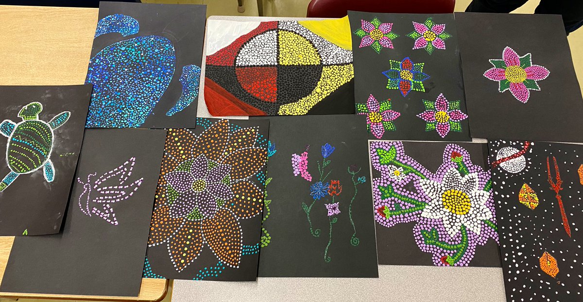 Grade 9 <a href="/SaundersOne/">Saunders Secondary</a> #NAC1O students created some amazing paintings inspired by Métis Dot-Art this week. Some still in progress but looking wonderful!