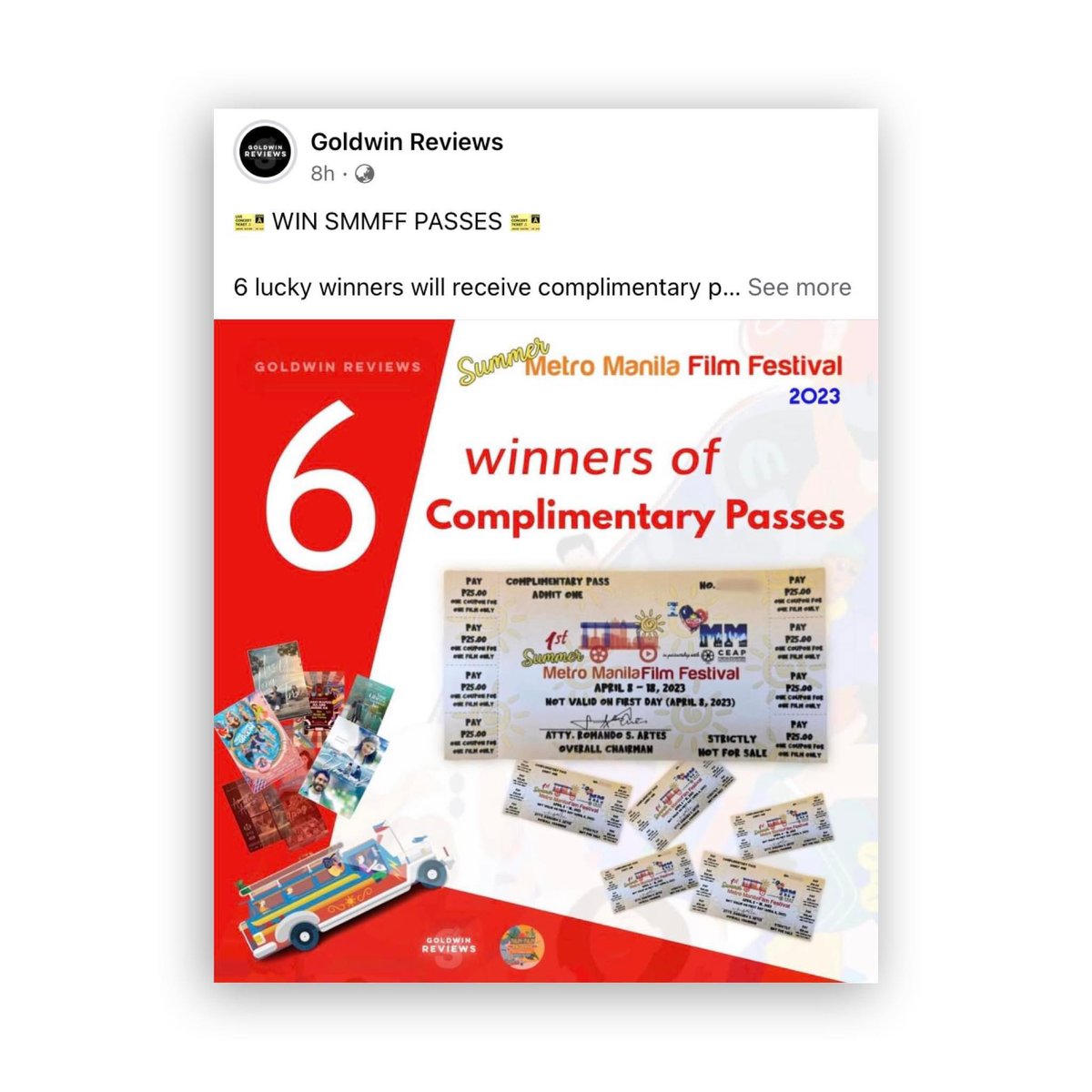 🎫 WIN SMMFF PASSES 🎫 

Check out this Facebook post for instructions: facebook.com/10007695401561…

#goldwinreviews #APAG #SingleBells #AboutUsButNotAboutUs #YungLibroSaNapanuodKo #Unravel #KahitMaputiNaAngBuhokKo #LoveYouLongTime #HereComesTheGroom  #SummerMMFF2023