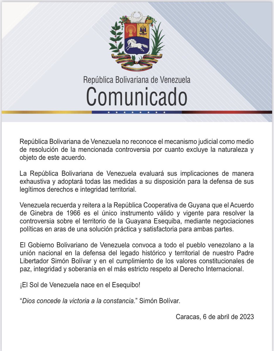 VTVcanal8's tweet photo. #COMUNICADO🔴| La República Bolivariana de Venezuela fija su posición frente a la sentencia incidental emitida por la Corte Internacional de Justicia (CIJ).

 #ElEsequiboEsVenezuela https://t.co/Z516CimvJn
