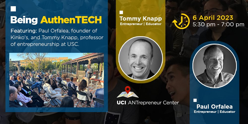 uciantrepreneur's tweet image. Join us TONIGHT for an exciting event featuring Paul Orfalea and Tommy Knapp as they discuss how building successful ventures starts with offering real value. Admission is FREE! RSVP now: campusgroups.uci.edu/antrepreneur/r… #AuthenTECH #Entrepreneurship #Networking