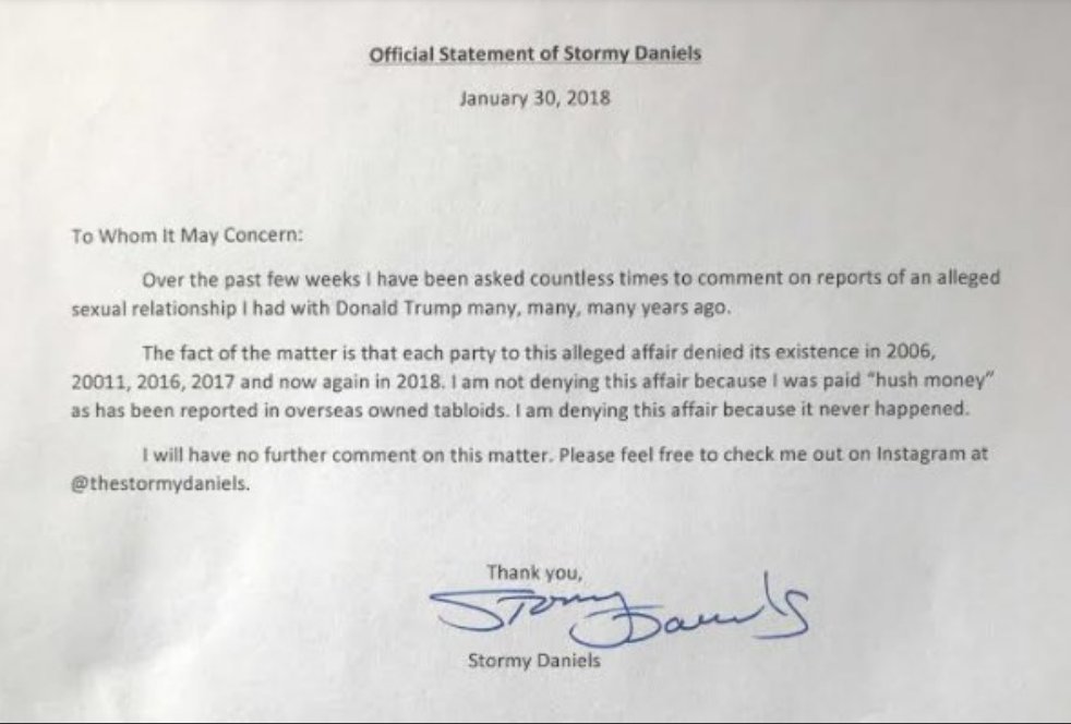 BREAKING: Signed official statement of Stormy Daniels admits affair never happened and that she was not paid 'hush money'