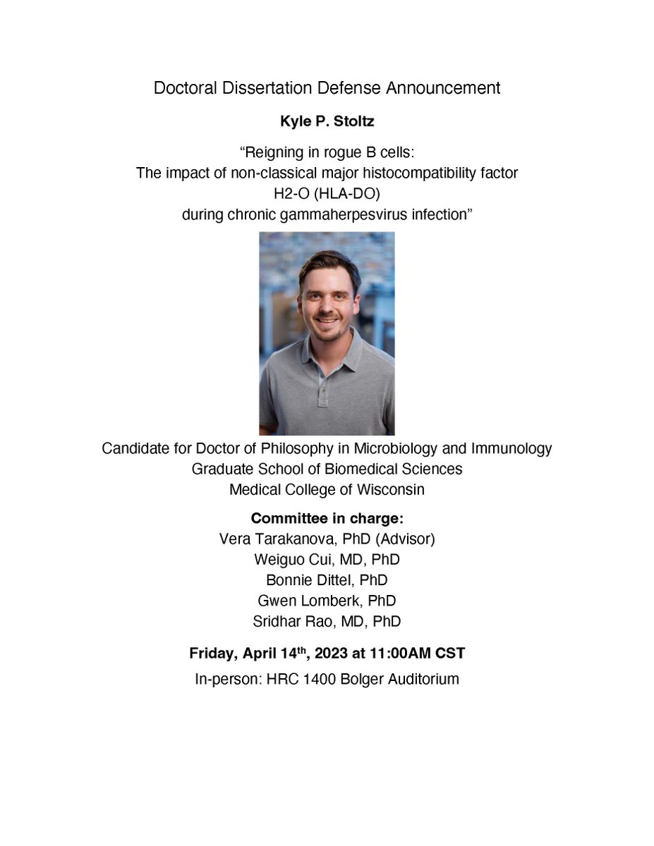 Today's PhD defense is presented by <a href="/KyleStoltz/">Kyle Stoltz</a> of the <a href="/tarakanova_vera/">Vera Tarakanova</a> lab. "Reigning in rogue B cells: The impact of non-classical major histocompatibility factor H2-O (HLA-DO) during chronic gammaherpesvirus infection” will be presented at 11AM in the Bolger Auditorium.