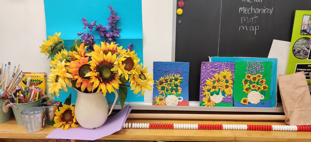 MelinaRobino's tweet photo. Impressionist art with Mrs. McDonald, our artist in the school! Our interpretation of Van Gogh's "Sunflowers" @stisaacjoguescs @TCDSB https://t.co/GTtaiS2aG6