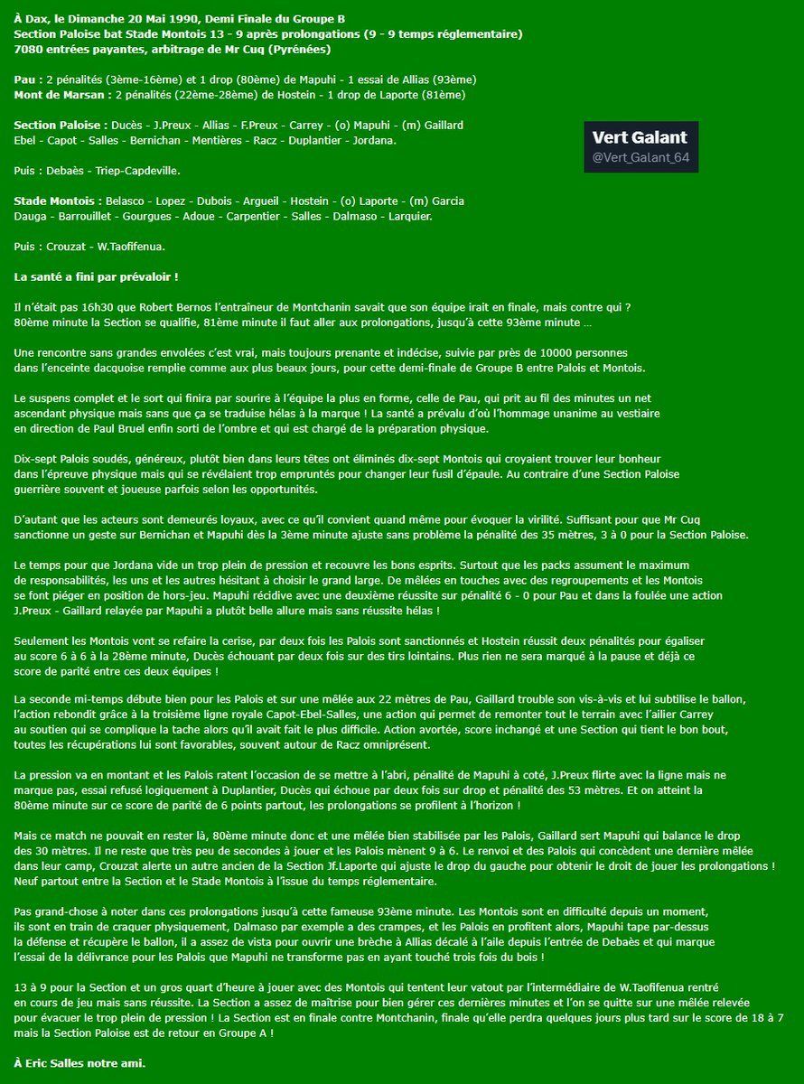 Un jour, un match (5) : 1990 Pau - St Montois 13-9 ap , demi finale du Groupe B 1990 ...

À  Eric Salles notre ami ... 💚