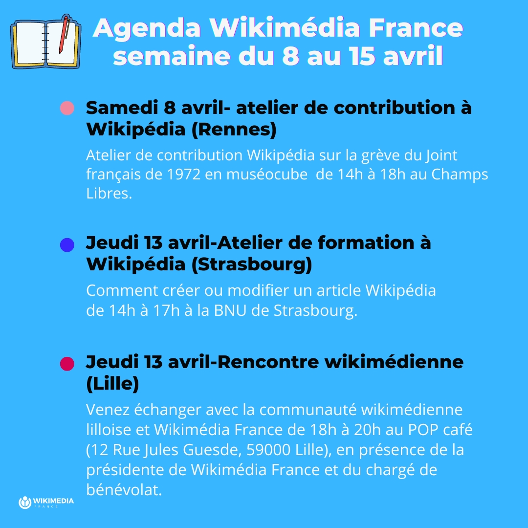 Wikimédia France (@wikimedia_fr) on Twitter photo 🗓️Et voici l'agenda @wikimedia_FR #WMFrAgenda du 8 au 15 avril <a href="/belett/">VIGNERON Nicolas</a> <a href="/LesChampsLibres/">Les Champs Libres</a> <a href="/WikiStrasbourg/">WikiStub</a> <a href="/PopCafeNum/">Pop Café, le numérique au comptoir</a> <a href="/Wikipedia_fr/">Wikipédia en français</a> 🗓️Et voici l'agenda @wikimedia_FR #WMFrAgenda du 8 au 15 avril <a href="/belett/">VIGNERON Nicolas</a> <a href="/LesChampsLibres/">Les Champs Libres</a> <a href="/WikiStrasbourg/">WikiStub</a> <a href="/PopCafeNum/">Pop Café, le numérique au comptoir</a> <a href="/Wikipedia_fr/">Wikipédia en français</a>