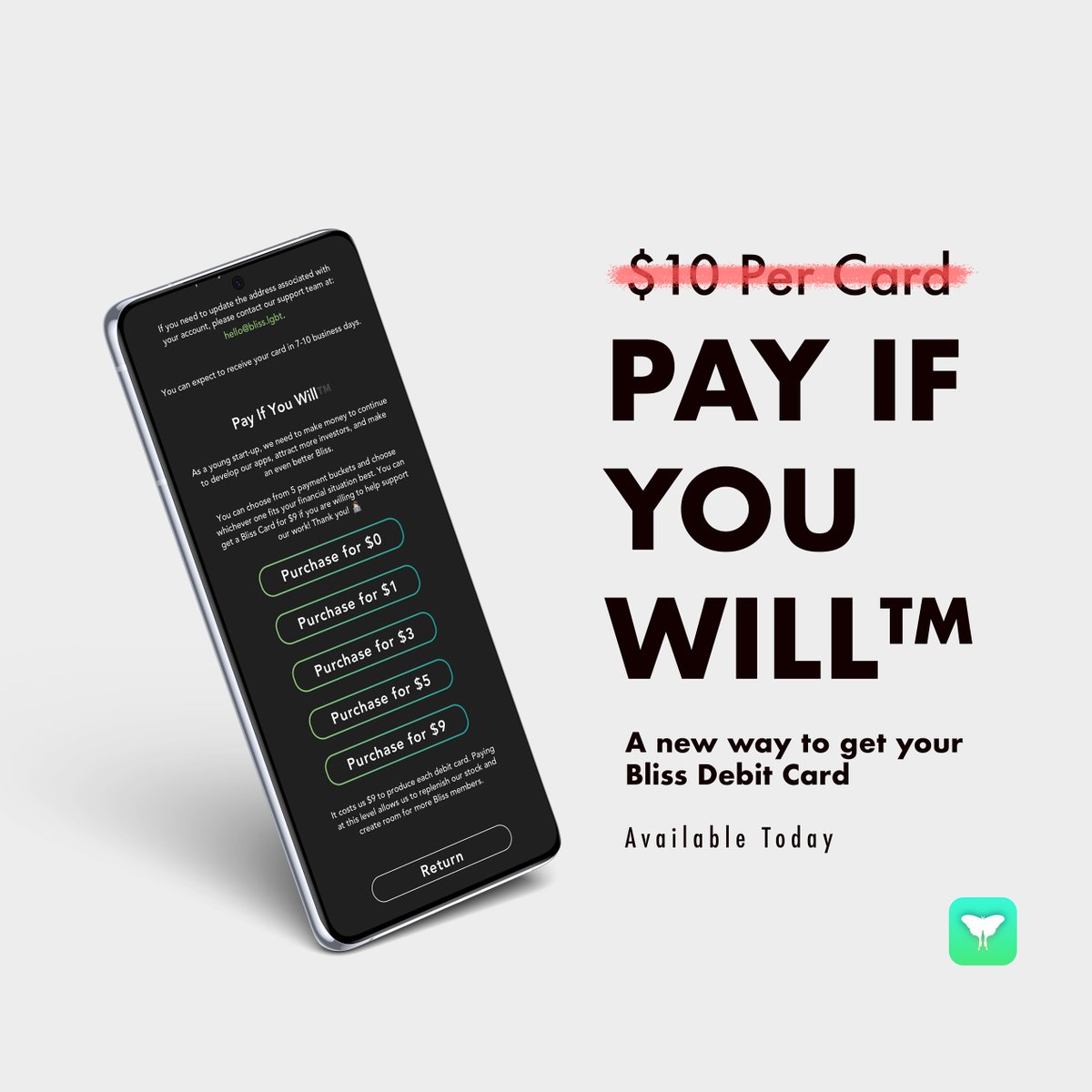 EuphoriaLGBT's tweet photo. Getting your own Bliss Card has never been more accessible. 💳

Be sure to download the latest version of Bliss to access Pay If You Will™ (PIYW)! PIYW allows you to pick the price of the Bliss Debit Card. Up until this point, the Bliss Card was $10 to order. (1/3) https://t.co/Yg1gj0jdJY