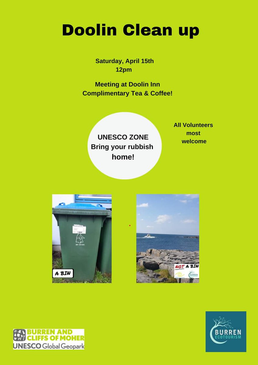 Doolin Clean up, Sat 15th April. Join other volunteers and do your bit to clean up the beautiful Burren. Meet <a href="/DoolinInn/">Doolin Inn</a> <a href="/doolincave/">Doolin Cave</a> <a href="/IloveDoolin/">Doolin Tourism | Doolin.ie</a> <a href="/ClareTourism/">VisitClare</a>  #sustainabletourism #Ecotourism