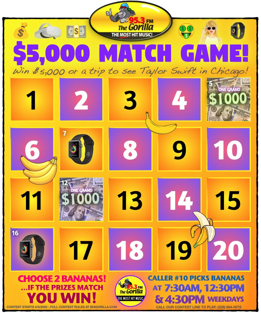 953gorilla's tweet photo. 💥 BAM! Ashley in Long Beach just grabbed our Apple Watch Series 8! Bananas #7 and #16 are now officially gone... but our biggest prizes are still somewhere on the board! 

Listen at 7:30am, 12:30pm and 4:30pm on weekdays to choose two bananas! If they match, you win that prize! https://t.co/mT4jO5agvF
