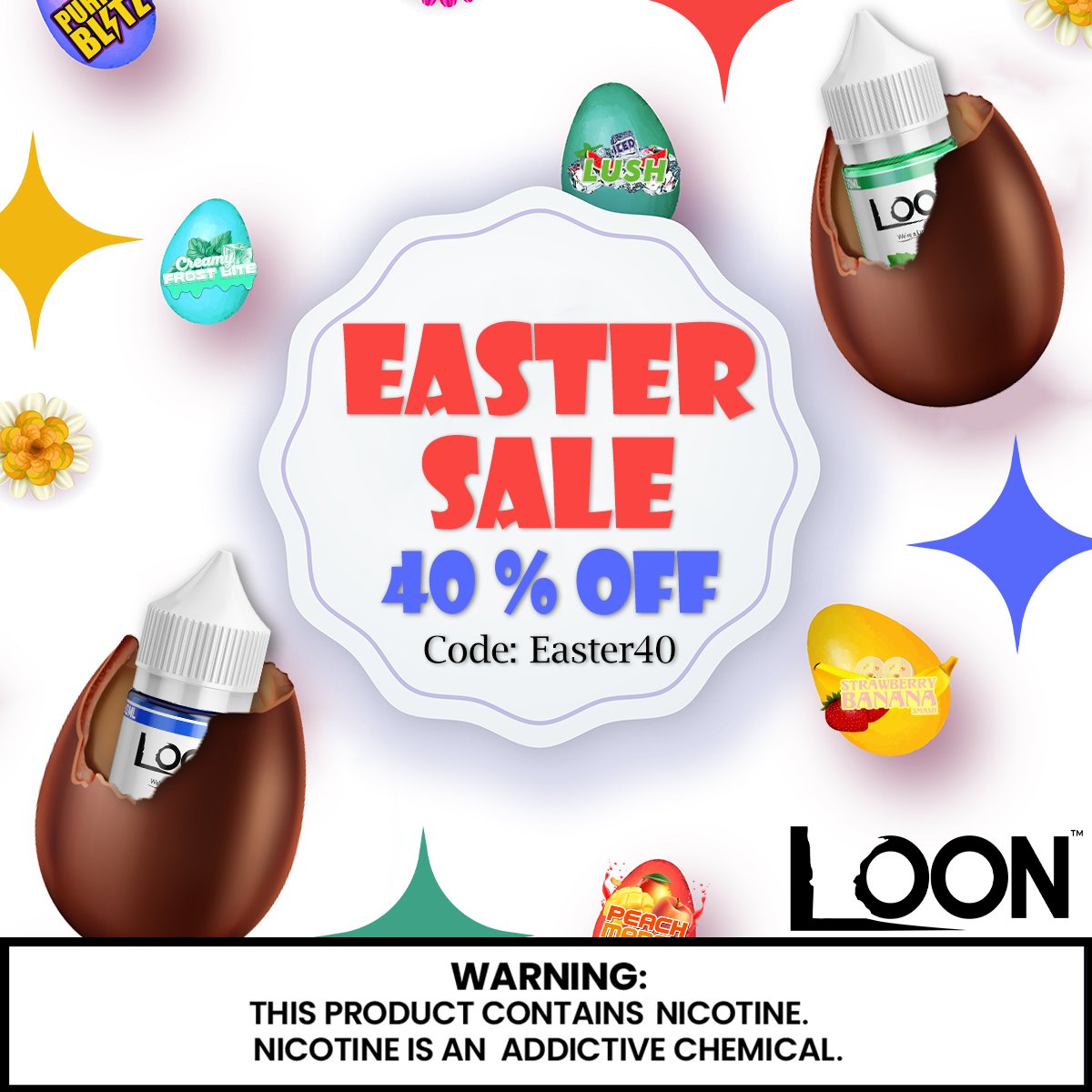 Use code EASTER40 for 40% off your order now through 4/30/23.

Must be 21+ to order
theloonmn.com

#easter #sale #discountcode #promo #egg #holiday #loon #loonmaxx #easterbasket #theloonmn #peachmango #lushice #purpleblitz #creamyfrostbite #nicotine #warning #21plus