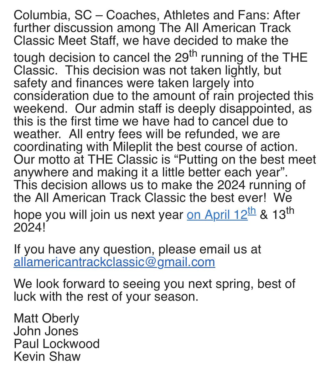 AATrackClassic's tweet photo. 💔 Official Statement from our meet staff.
@scmilesplitus @NCRunners @milesplit https://t.co/JujZ47zt2X