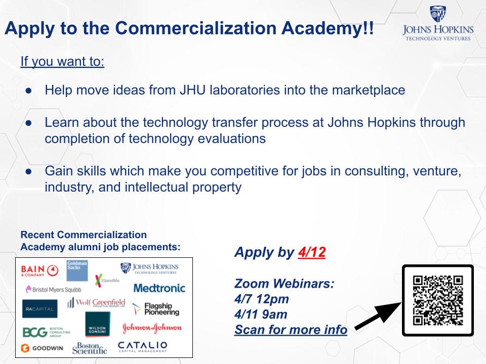 Stew Neifert (@sjneif) on Twitter photo Applications are open for <a href="/JHTechVentures/">JHTV</a> Commercialization Academy. Come join the team and learn more about the 'business" side of science!
More here --> tinyurl.com/4ty7kebp
<a href="/JohnsHopkins/">Johns Hopkins University</a> <a href="/HopkinsMedicine/">Johns Hopkins Medicine</a> <a href="/HopkinsEngineer/">Johns Hopkins Engineering</a> <a href="/JHUCarey/">Johns Hopkins Carey Business School</a> <a href="/JHUNursing/">Hopkins Nursing</a> Applications are open for <a href="/JHTechVentures/">JHTV</a> Commercialization Academy. Come join the team and learn more about the 'business" side of science!
More here --> tinyurl.com/4ty7kebp
<a href="/JohnsHopkins/">Johns Hopkins University</a> <a href="/HopkinsMedicine/">Johns Hopkins Medicine</a> <a href="/HopkinsEngineer/">Johns Hopkins Engineering</a> <a href="/JHUCarey/">Johns Hopkins Carey Business School</a> <a href="/JHUNursing/">Hopkins Nursing</a>