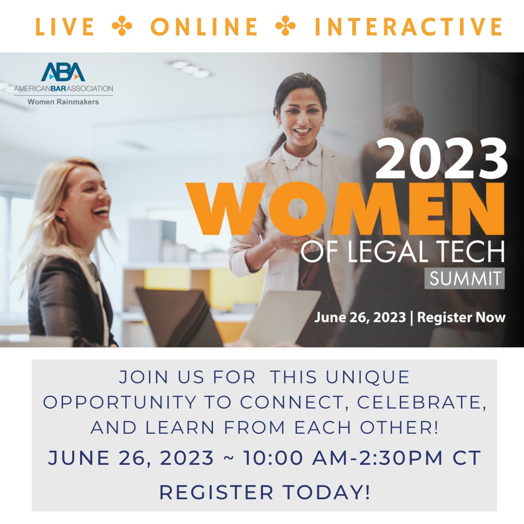👋 Are you interested in legal tech and passionate about promoting women's leadership in the field? 🤔 Then you won't want to miss the Women of Legal Tech Summit on June 26! 📅  bit.ly/3zx5AkK
#WomenInLegalTech #ABA #WomenRainmakers #WomenInLaw #LawPracticeTips