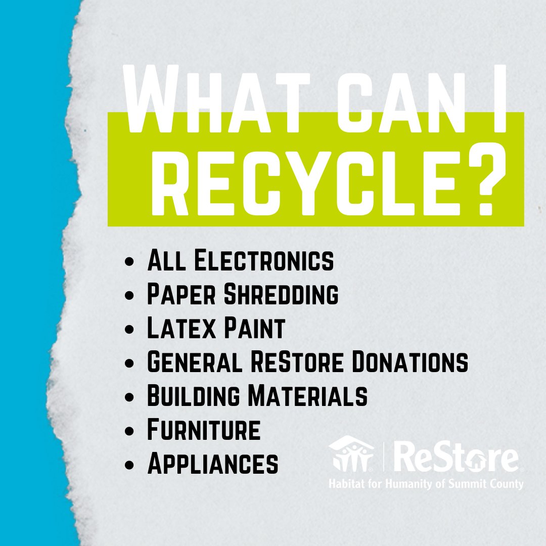Our 2023 Recycling Event is on Friday, 4/21 from 12-4! Bring old electronics, paper documents, latex paint, building materials, &amp; appliances to safely recycle at the Summit County ReStore! Receive a 50% off ReStore coupon if you donate general ReStore donations, valid  4/21 only!