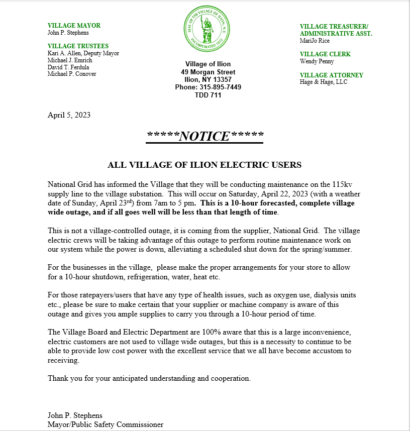 *****************NOTICE*********************** 
            ALL VILLAGE OF ILION ELECTRIC USERS
 SEE SCHEDULED POWER OUTAGE INFORMATION