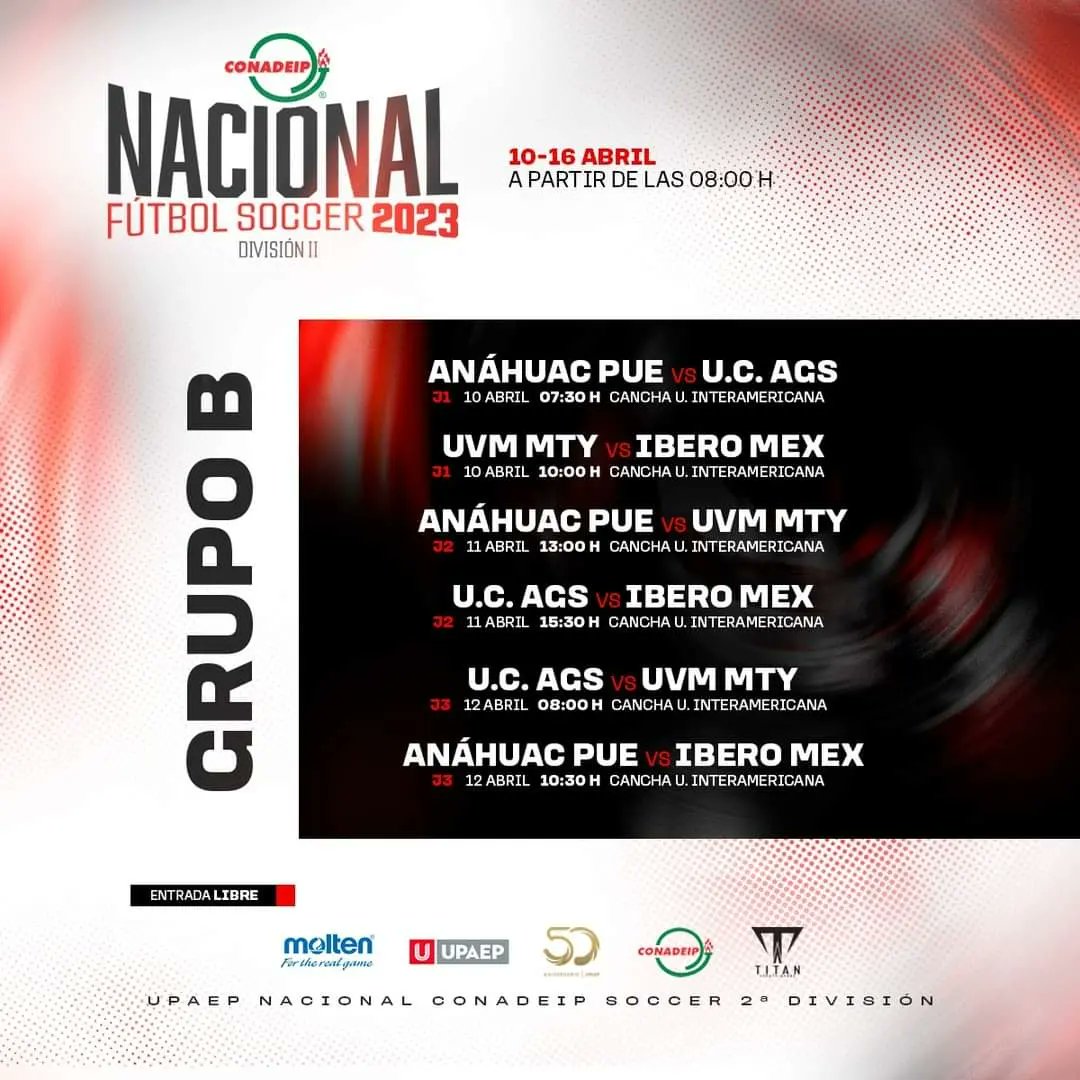 CONADEIPmx's tweet photo. ⚽️ | Te compartimos el calendario de la fase de grupos del Campeonato Nacional de Fútbol Soccer de Segunda División que arranca este 10 de abril.

🏟 Campos Prepa UPAEP Angelópolis y U. Interamericana. 

#FutbolCONADEIP #UPAEP #VamosPorTodo https://t.co/qZbWMdDIg3