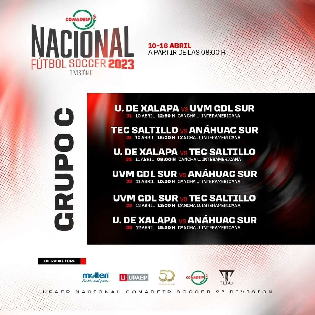 CONADEIPmx's tweet photo. ⚽️ | Te compartimos el calendario de la fase de grupos del Campeonato Nacional de Fútbol Soccer de Segunda División que arranca este 10 de abril.

🏟 Campos Prepa UPAEP Angelópolis y U. Interamericana. 

#FutbolCONADEIP #UPAEP #VamosPorTodo https://t.co/qZbWMdDIg3