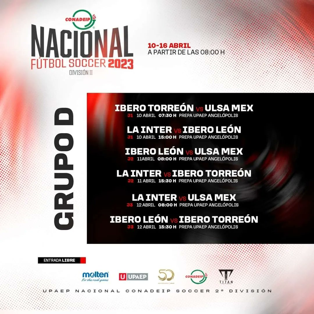 CONADEIPmx's tweet photo. ⚽️ | Te compartimos el calendario de la fase de grupos del Campeonato Nacional de Fútbol Soccer de Segunda División que arranca este 10 de abril.

🏟 Campos Prepa UPAEP Angelópolis y U. Interamericana. 

#FutbolCONADEIP #UPAEP #VamosPorTodo https://t.co/qZbWMdDIg3