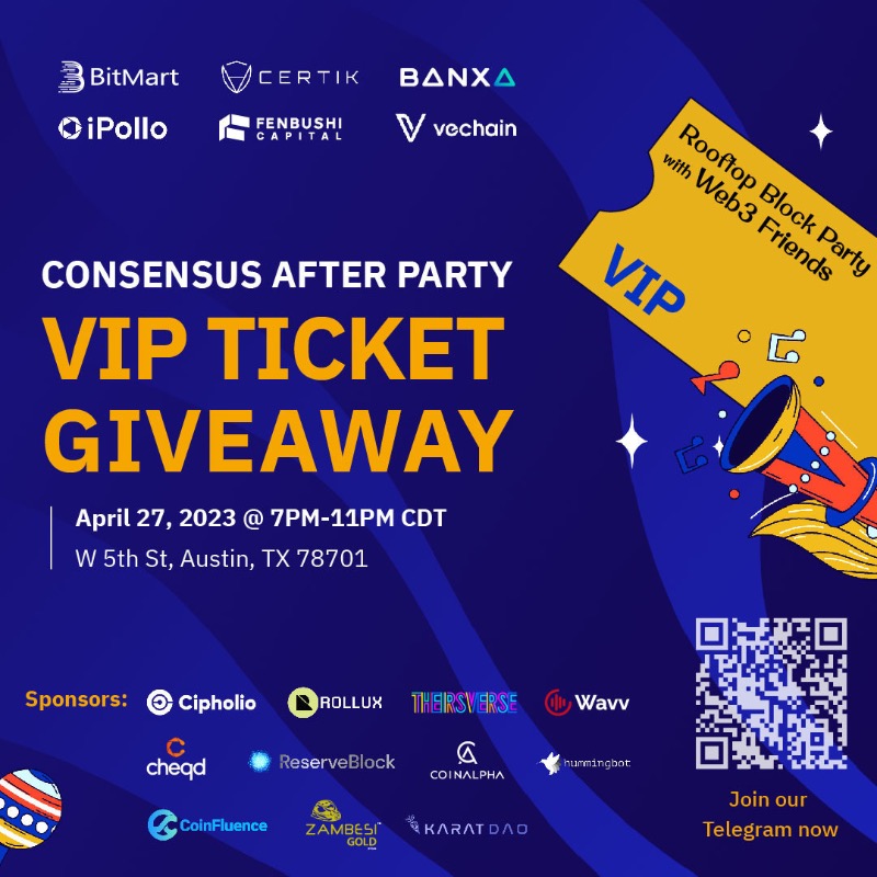 BitMartExchange's tweet photo. Who's excited for our Rooftop Block Party with #Web3 Friends during #Consensus2023? 🤩

Don't miss the chance to win one of the five VIP tickets worth $299 each 👇

1⃣️ Follow us, RT &amp; tag 5 friends
2⃣️ Sign up: https://t.co/5Af3Zr8TdU
3⃣️ Complete: https://t.co/VwrqxAMfOp