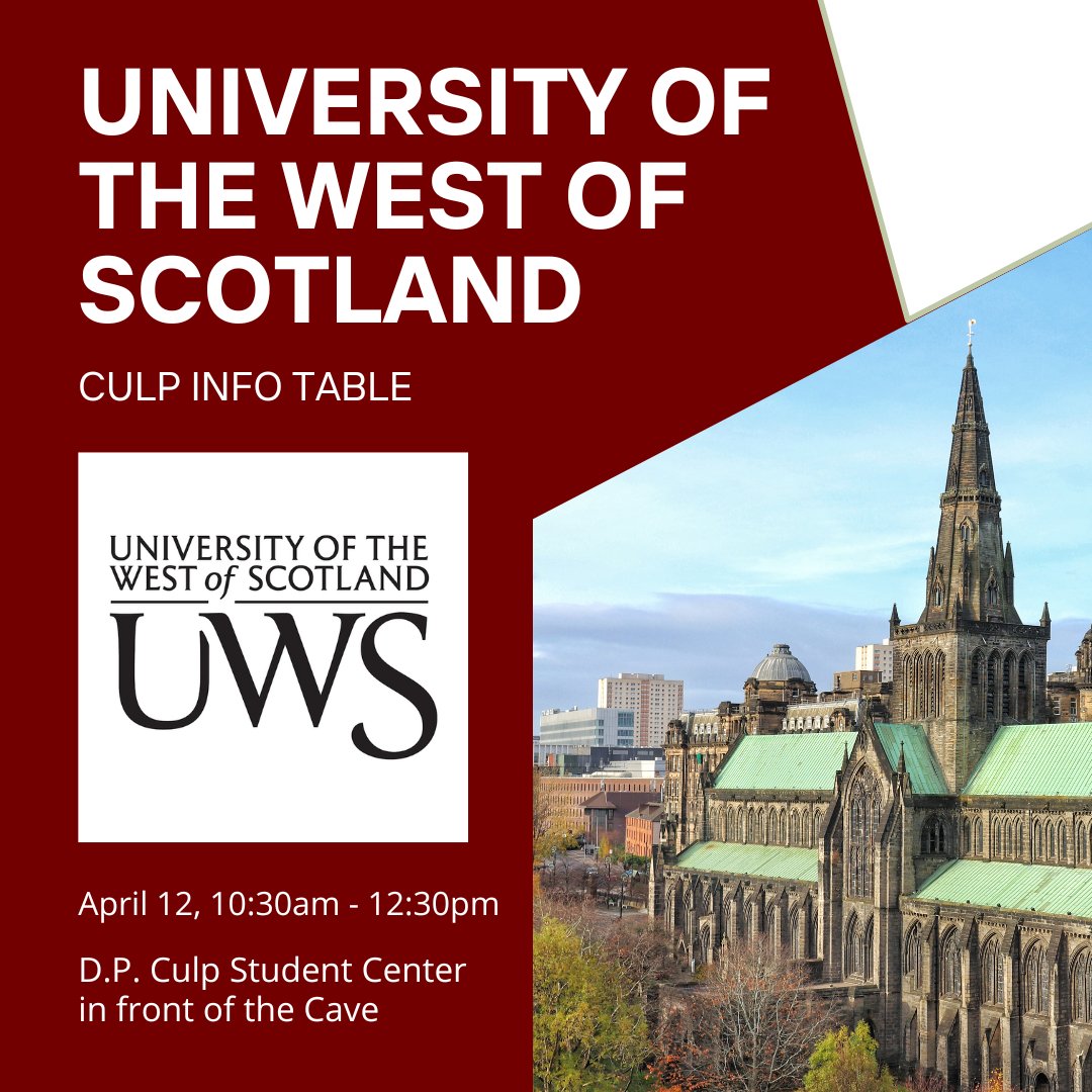 Interested in exploring beautiful lochs, enchanting castles, and rugged highlands in Scotland? Stop by our Culp table on April 12th from 10:30am - 12:30pm when we will be joined by a representative from University of the West of Scotland!