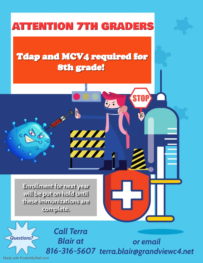 GrandviewMiddle's tweet image. All 7th graders MUST have your Tdap booster and MCV4 immunization before they can complete enrollment their 8th grade year.
Enrollment for next year will be on hold until complete.
Questions? Contact Ms. Blair at terra.blair@grandviewc4.net or 816.316.5607.
#everyonesgrowingatgms