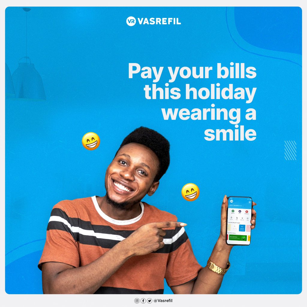 vasrefil's tweet photo. We dey for you 24/7! Come rain, sunshine or Easter.
Pay your bills, buy airtime and data on the app so you can enjoy a fun - filled holiday.
#Vasrefil #Seamlesspayments #Electricitybills #digitalbanking #mobilebanking #InternetTransactions #AirtimePurchase https://t.co/5RBshPeIeZ