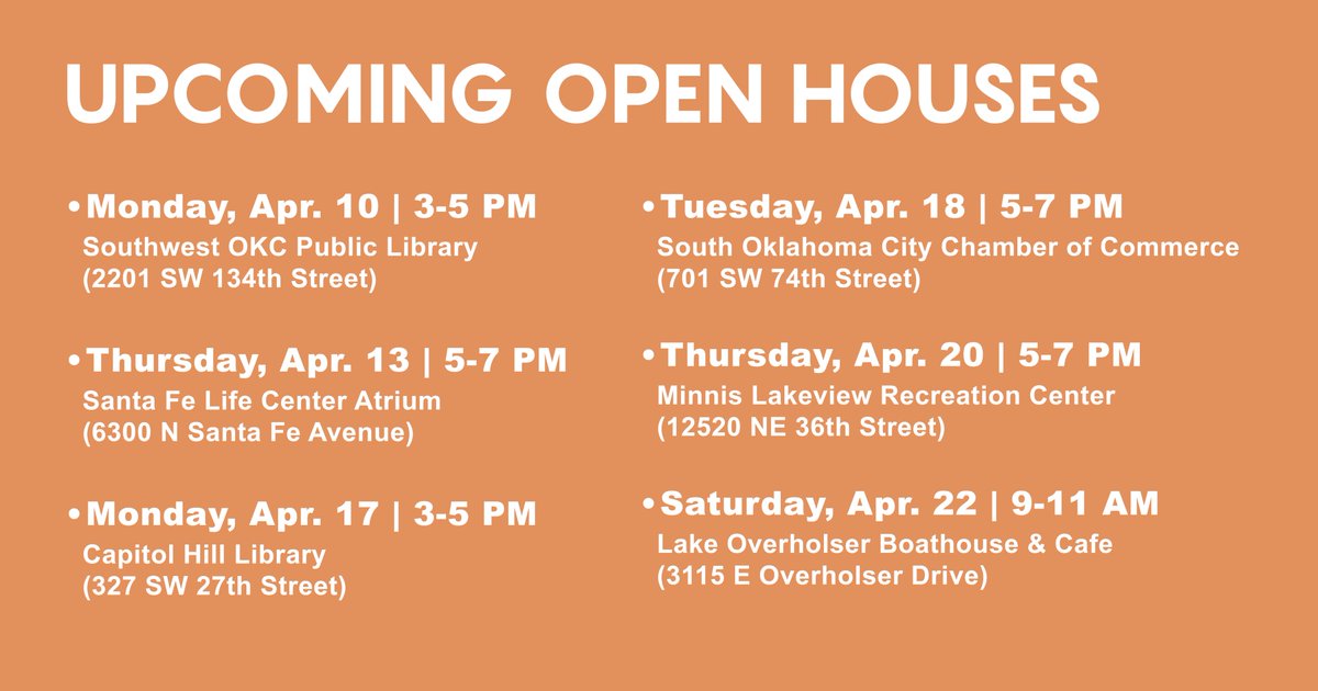 maps4okc's tweet photo. Missed our previous open houses? Let us know what improvements you want to see in your neighborhood or community park by joining us at one of these upcoming events. More at https://t.co/3w22PNwqoP. https://t.co/aCi3qmMfSc